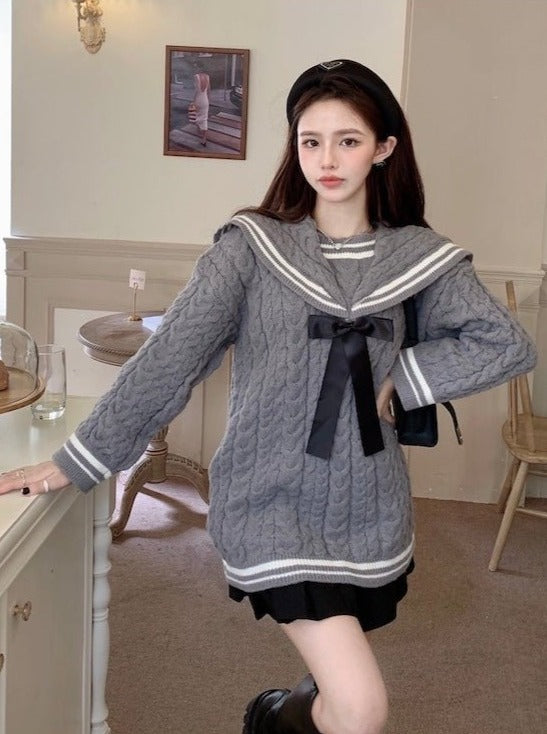 リボンセーラーケーブルニットセーター - Belchic