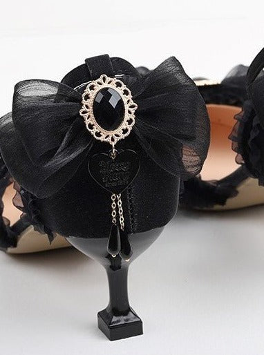 パールストラップシフォンレースデザインパンプス - LilyBlack