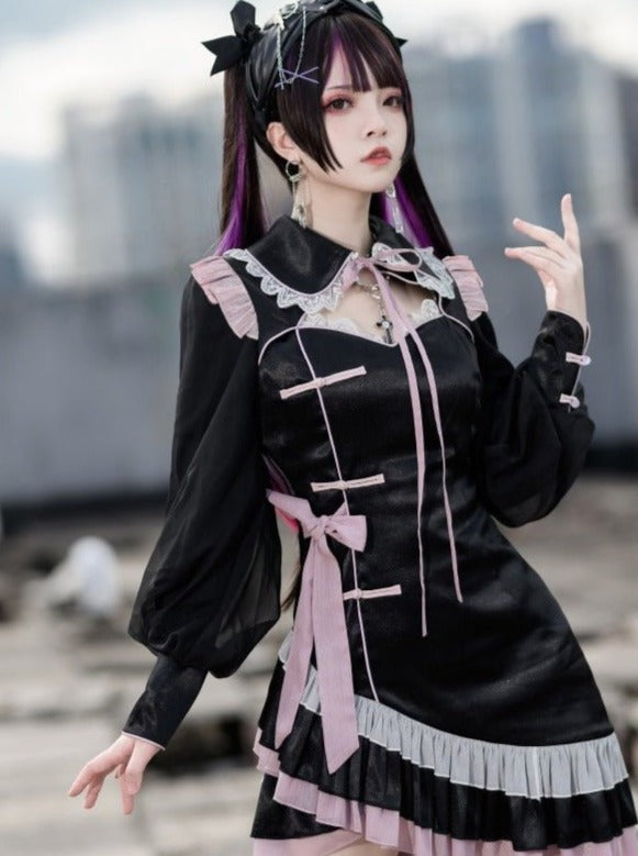 フリルアシメデザインボリュームスリーブチャイナドレス - Belchic