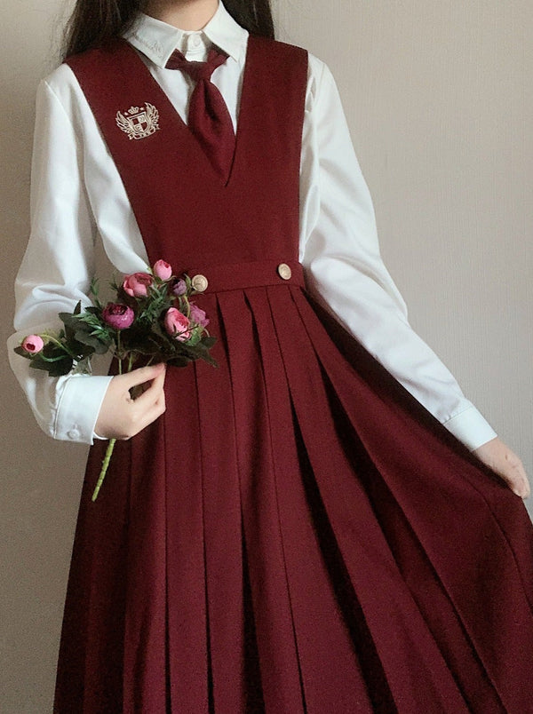 エンブレムショートジャケット＋ネクタイ付き刺繍カラーブラウス＋サスワンピース - LilyBlack