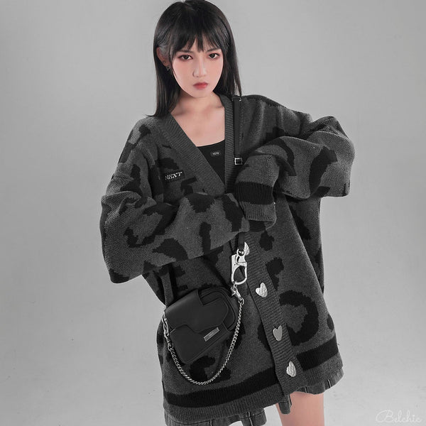 オーバーサイズレオパードニットカーディガン - Belchic