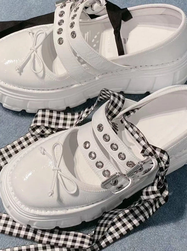 アシメリボン付きダブルストラッププラットフォームシューズ - Belchic