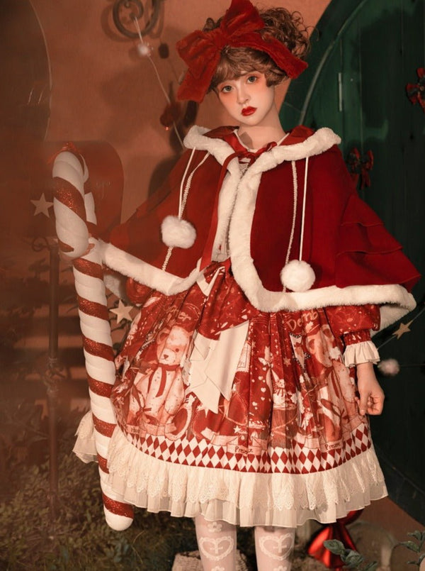 フリルカラーレースアップベアドレス＋くま耳フーディーフリルファーケープコート - Belchic