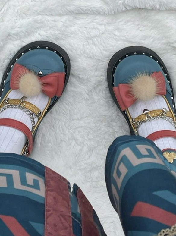 バックレースアップアンクルベルト＋チェーンストラップファーリボンロリータシューズ - Belchic