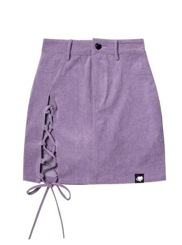 レースアップコーデュロイスカート - LilyBlack