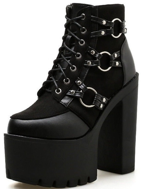 地雷リングストラップレースアップスーパープラットフォームブーツ - Belchic