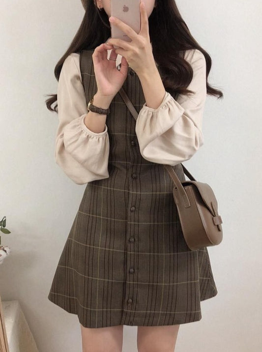 フロントプリーツシャツ＋チェックジャンパースカート - Belchic
