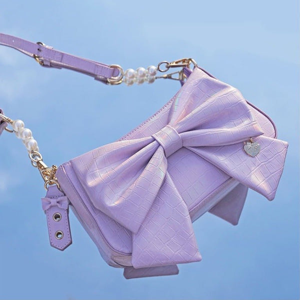 ハートチャームリボンバッグ【ショート&パールロングストラップ付き】 - LilyBlack