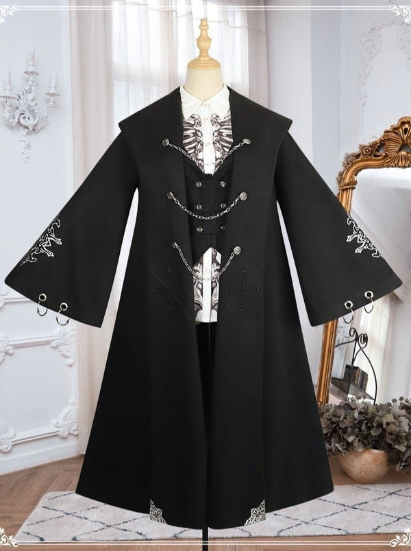 ベスト＋チェーンストラップ付きクロスリングロングケープコート＋コルセット - LilyBlack