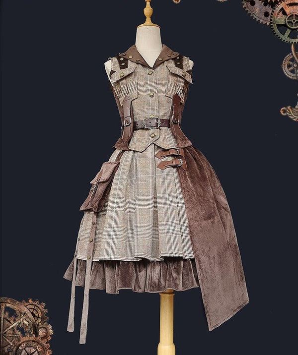 チェックレザーバックルベスト＋サイドバッグチェックアシメレイヤードスカート探偵コーデ - Belchic