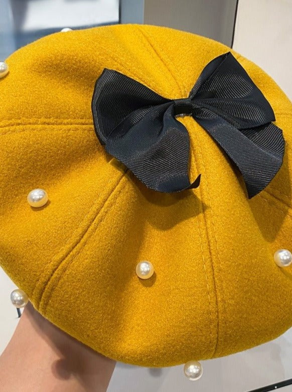 パールリボンウールベレー帽 - LilyBlack