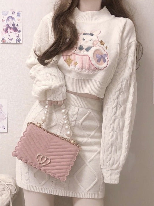 スイートラビットケーブルニットトップス＋ニットスカート - LilyBlack