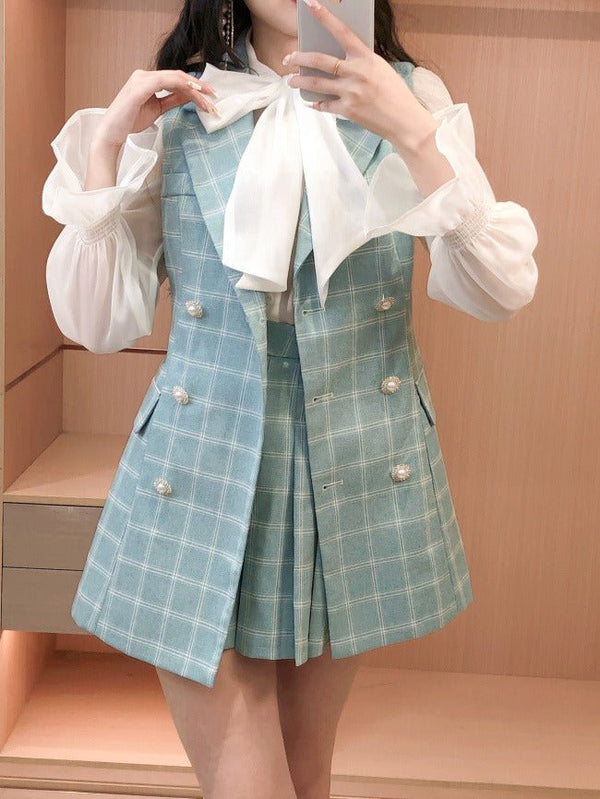 シアーリボンブラウス＋チェックダブルベスト＋プリーツスカート - LilyBlack