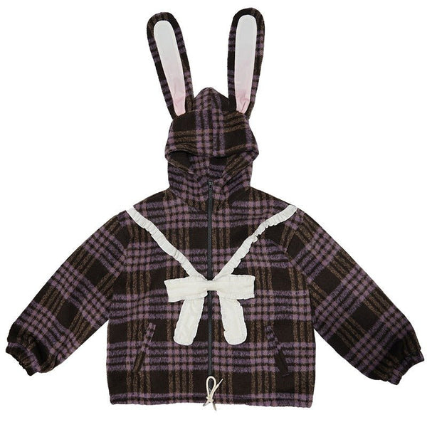 うさ耳フーディーセンターリボンマシュマロコート - LilyBlack