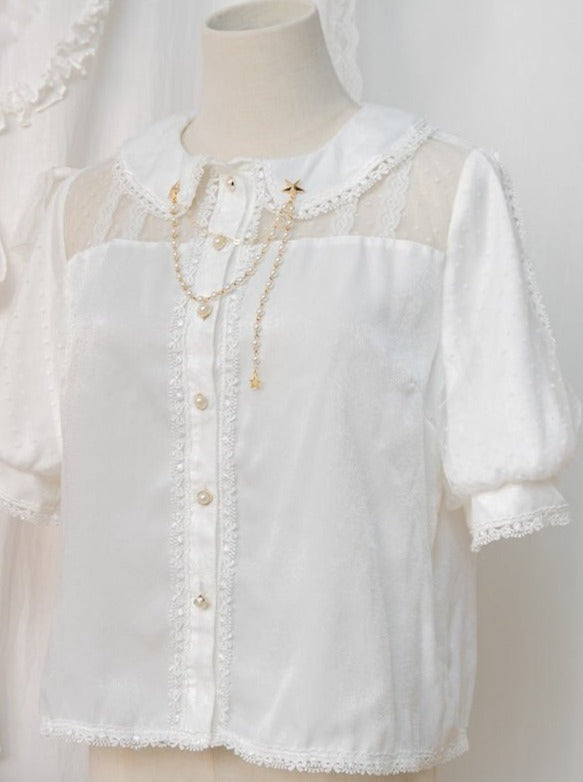 スターパールストラップ付きパフスリーブブラウス＋ハンドスリーブ付きチェックリボンステージサスドレス - Belchic