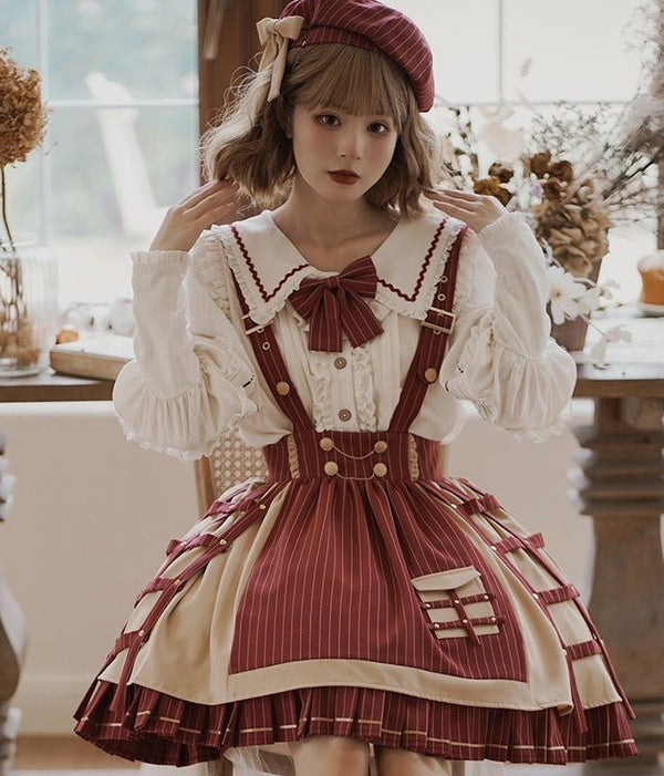 リボンベレー帽＋リボンレースアップスリーブフリルブラウス＋レイヤードサススカート＋ケープジャケット - Belchic