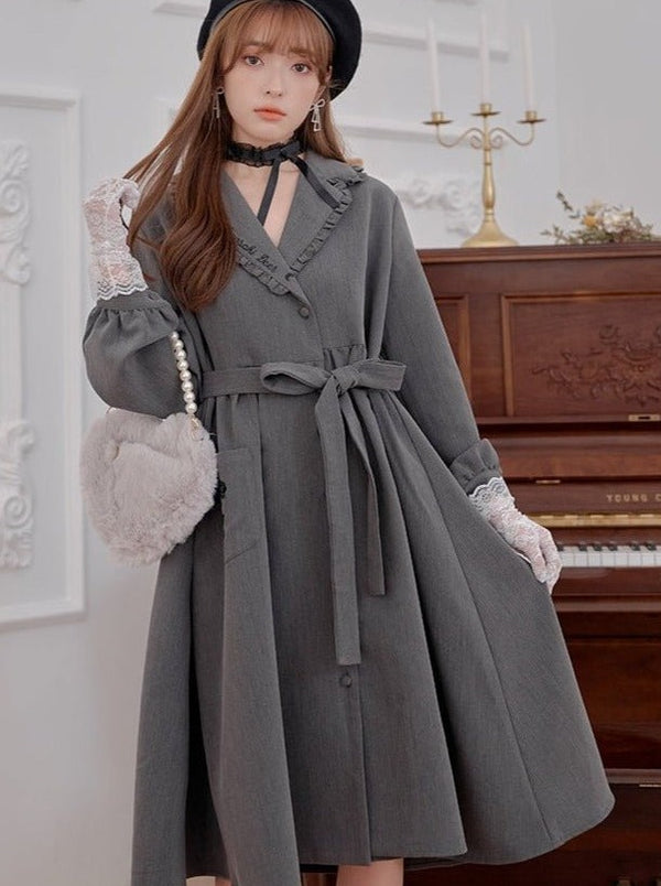 フリルカラーローズ刺繍ワンピースコート - Belchic