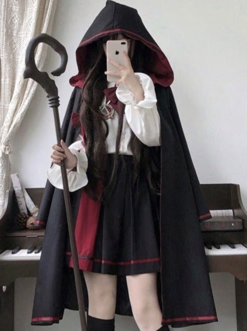 リボンケープコート＋キャンディスリーブシャツ＋ラインスカート　フーディロングコート＋キャンディスリーブシャツ＋ラインスカート - Belchic