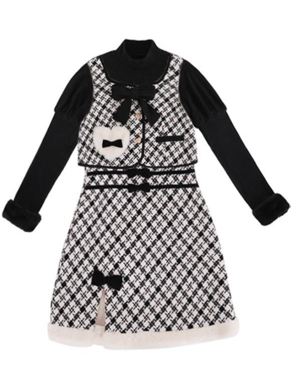 フロントリボンチェックハートベスト＋ボアリボンスリットサススカート - LilyBlack