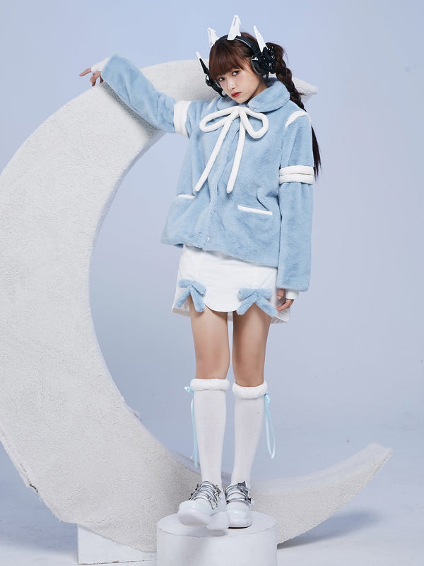 フロントリボンラインショルダーフラッフィーコート - LilyBlack