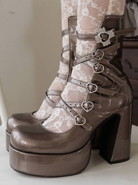 クロスハートストラップスーパープラットフォームブーツ - LilyBlack