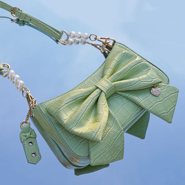 ハートチャームリボンバッグ【ショート&パールロングストラップ付き】 - LilyBlack