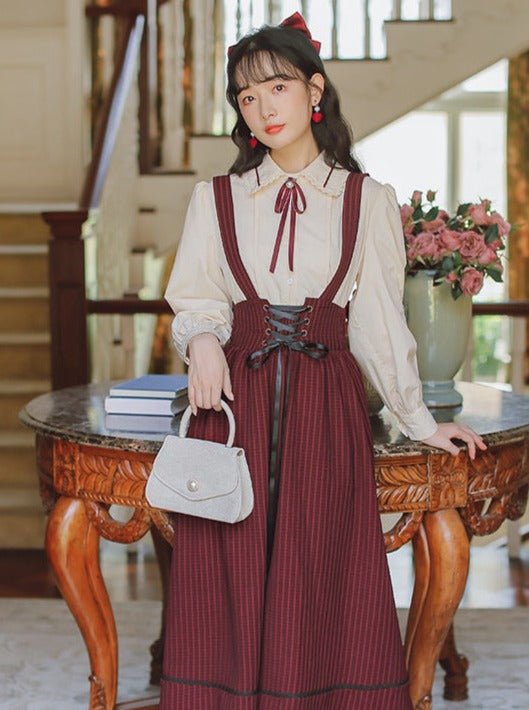 レースカラーボウタイシャツ＋コルセットストライプスカート - Belchic