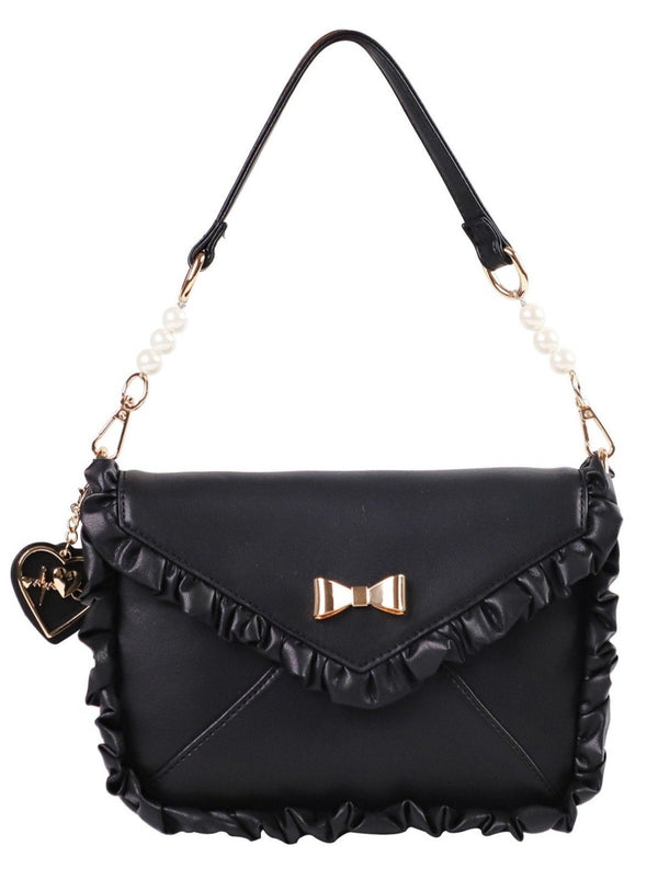 ハートストラップ付きリボンフリルバッグ - LilyBlack