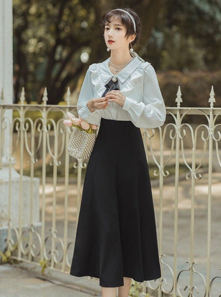 Pearl Ribbon Ruffle Blouse + Flared Skirt – Belchic