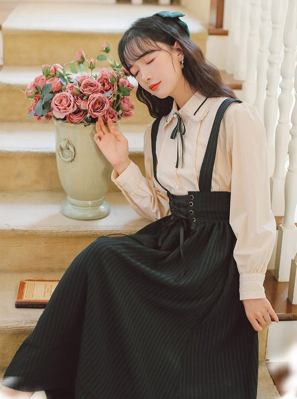 レースカラーボウタイシャツ＋コルセットストライプスカート - Belchic