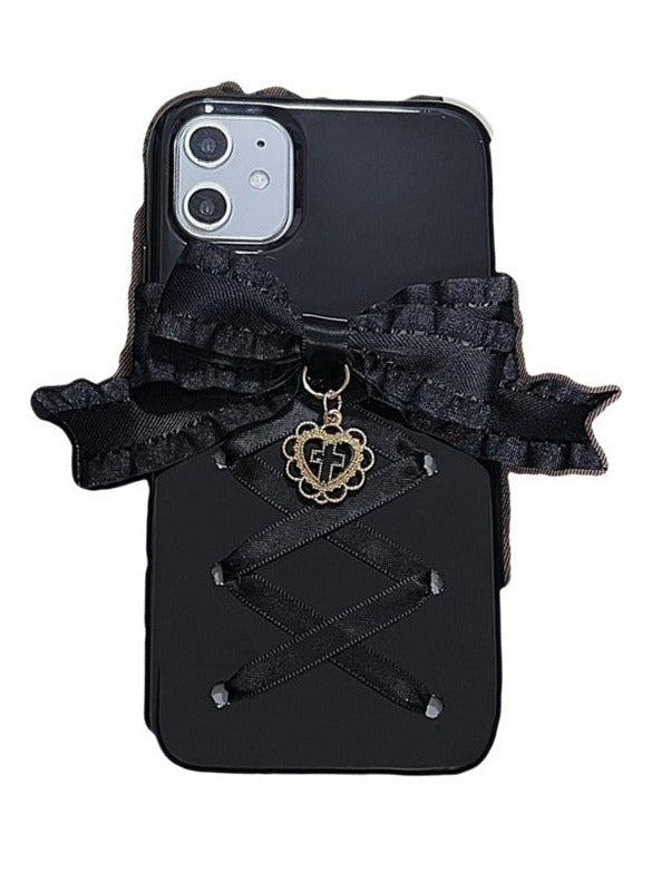 クロスチャームレースアップシリコンスマホケース - LilyBlack