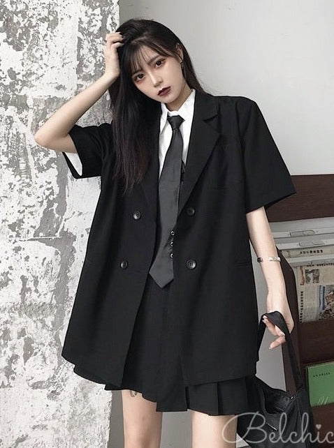 ネクタイ付きシャツ＋プリーツスカート＋ルーズジャケット - Belchic