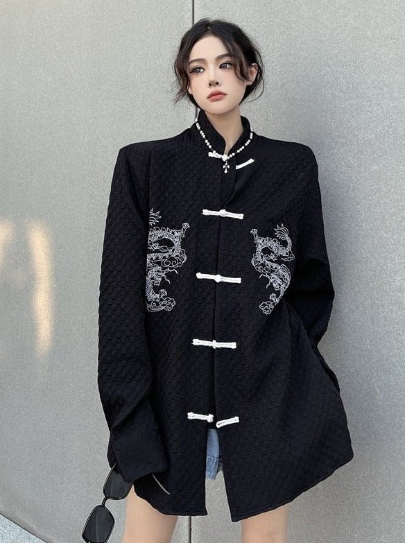 スタンドカラーチャイナテイストドラゴン刺繍シャツジャケット - Belchic