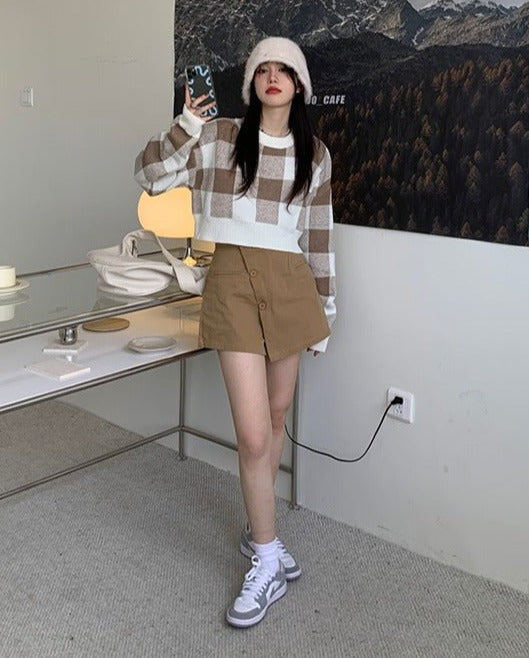 チェッククロップドニットセーター - LilyBlack