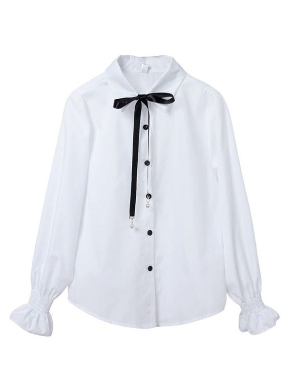 パールチャームリボンラッフルカフスシャツ - Belchic