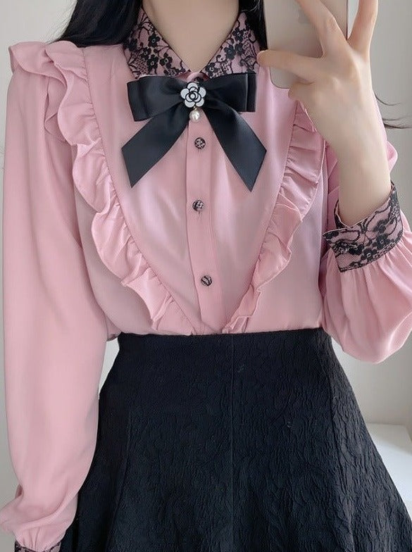 リボン付きフリルショルダークラシックブラウス - Belchic