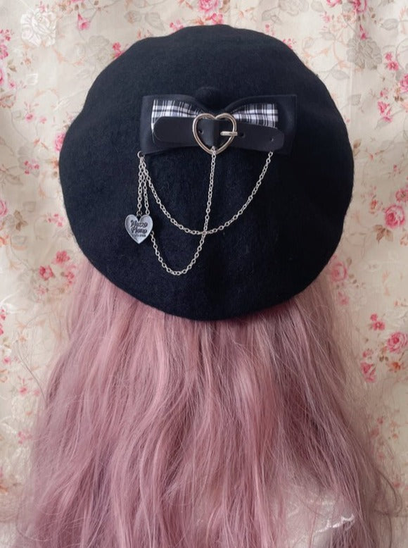 ハートリングチェーンストラップリボン付きベレー - LilyBlack