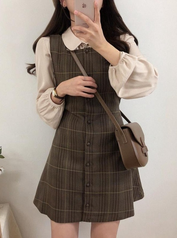スクエアネックレトロチェックジャンパースカート - Belchic