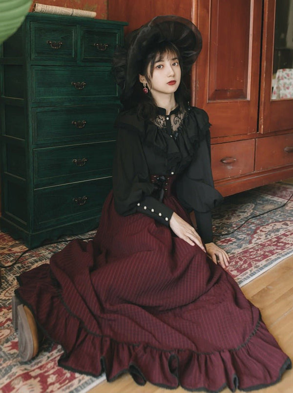 ラッフルレースブラウス＋ストライプコルセットスカート - Belchic