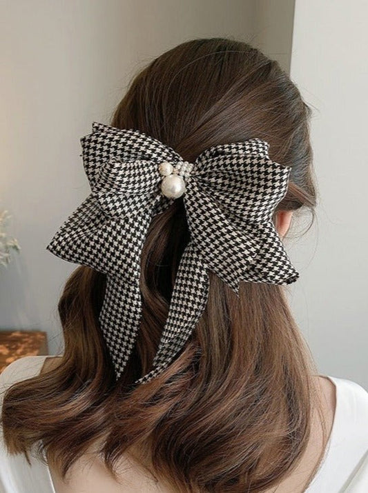 千鳥格子チェックリボンパールデコヘアクリップ - LilyBlack