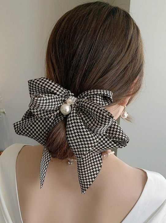 千鳥格子チェックリボンパールデコヘアクリップ - LilyBlack