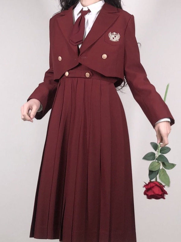 エンブレムショートジャケット＋ネクタイ付き刺繍カラーブラウス＋サスワンピース - LilyBlack