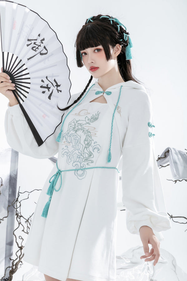 月夜の鹿刺繍チャイナフーディーワンピース - Belchic