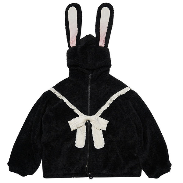 うさ耳フーディーセンターリボンマシュマロコート - LilyBlack