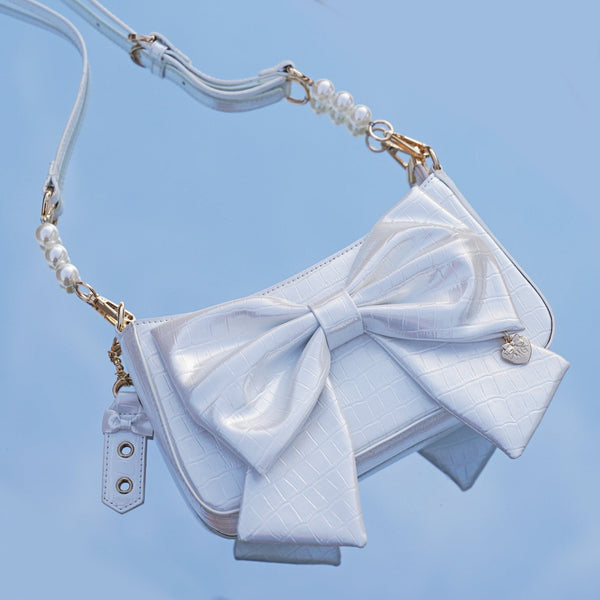 ハートチャームリボンバッグ【ショート&パールロングストラップ付き】 - LilyBlack