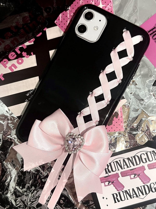 ハートジュエルレースアップスマホケース - LilyBlack