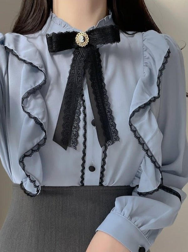 リボン付きフリルスタンドカラーラッフルブラウス - LilyBlack