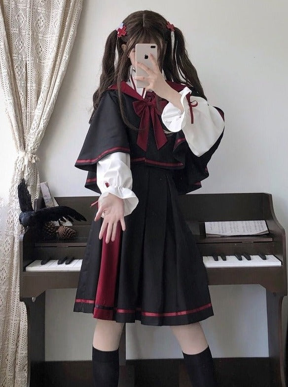 リボンケープコート＋キャンディスリーブシャツ＋ラインスカート　フーディロングコート＋キャンディスリーブシャツ＋ラインスカート - Belchic