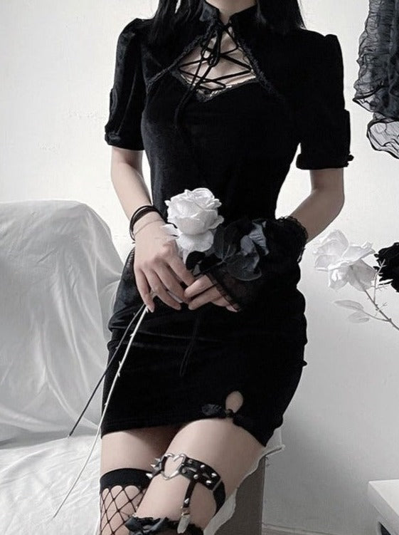 編み上げリボンチャイナドレス - LilyBlack