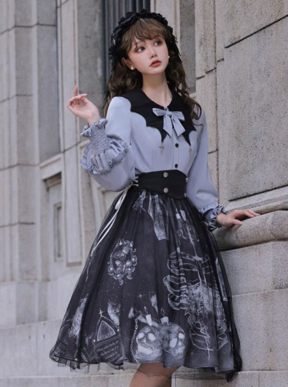 クロスモチーフコウモリカラーリボンブラウス＋サイドレースアップスカート - LilyBlack